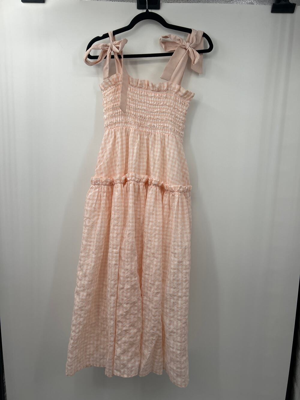Mable Peach Gingham Smocked Tiered Dress Size Med Cottagecore Coquette Romantic